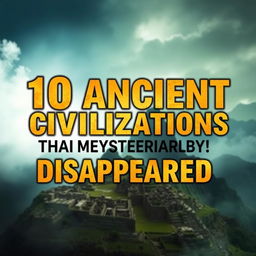 A professional thumbnail design featuring 10 ancient civilizations that mysteriously disappeared, such as the Maya, the Incas, Atlantis, the Indus Valley Civilization, the Easter Island inhabitants, the Olmecs, the Minoans, the Hittites, the Ancestral Puebloans, and the Sumerians