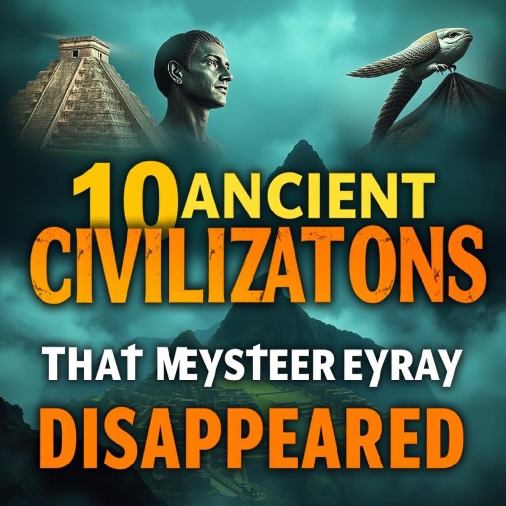 A professional thumbnail design featuring 10 ancient civilizations that mysteriously disappeared, such as the Maya, the Incas, Atlantis, the Indus Valley Civilization, the Easter Island inhabitants, the Olmecs, the Minoans, the Hittites, the Ancestral Puebloans, and the Sumerians