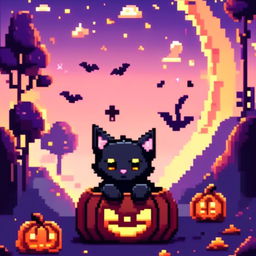 Pixel art PFP of a Halloween scene featuring a black cat inside a carved pumpkin against a starry night sky.