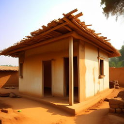 A simple, 47 feet by 30 feet village house with 6 rooms, a latrine bathroom, staircase, and kitchen. The house should not have modern design aesthetics.