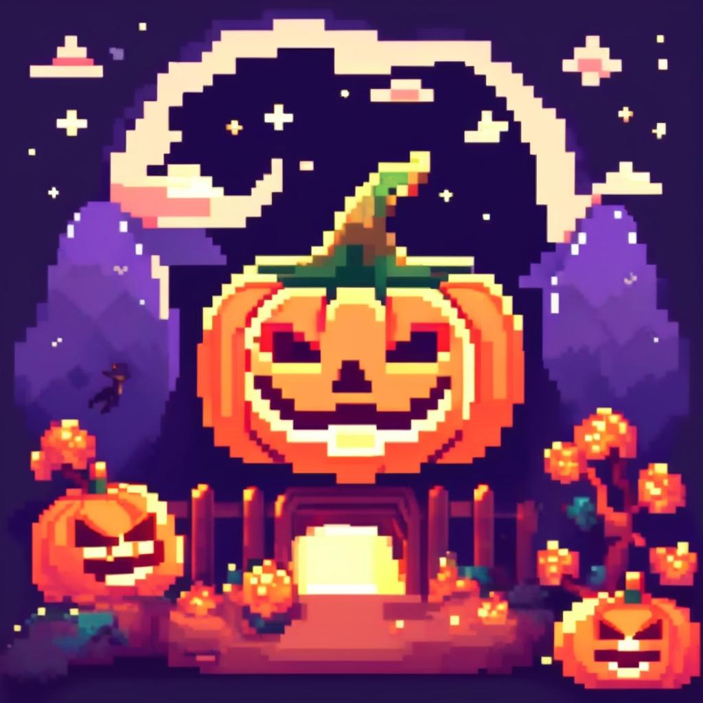 Pixel art PFP of a Halloween scene featuring a glowing carved pumpkin against a starry night sky.