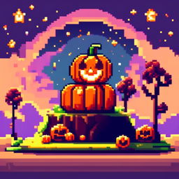 Pixel art PFP of a Halloween scene featuring a glowing carved pumpkin against a starry night sky.