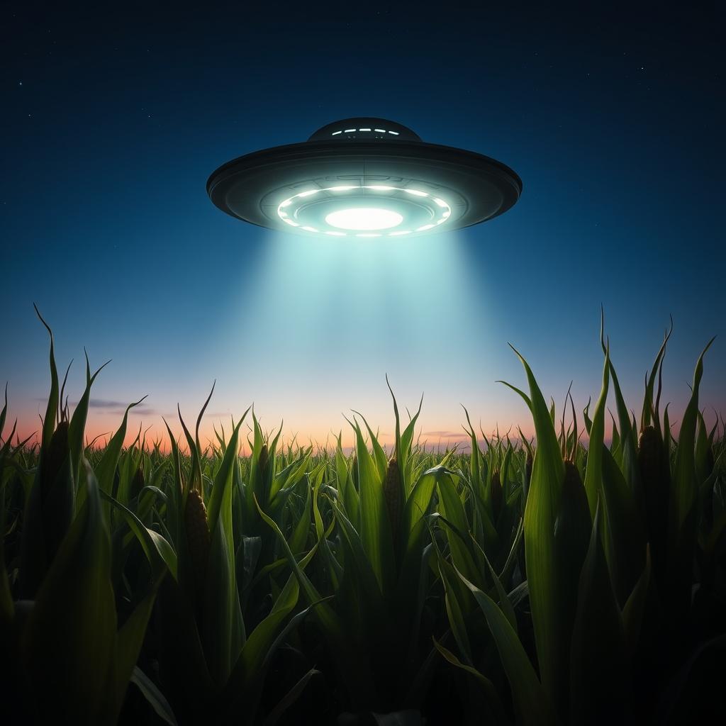 A dramatic scene featuring a UFO hovering above a vast cornfield under a twilight sky