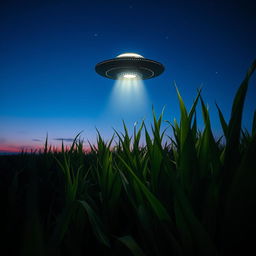 A dramatic scene featuring a UFO hovering above a vast cornfield under a twilight sky