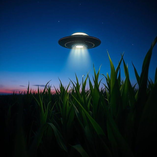 A dramatic scene featuring a UFO hovering above a vast cornfield under a twilight sky