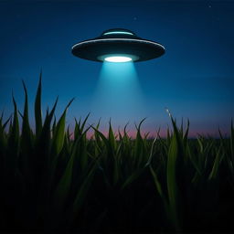 A dramatic scene featuring a UFO hovering above a vast cornfield under a twilight sky