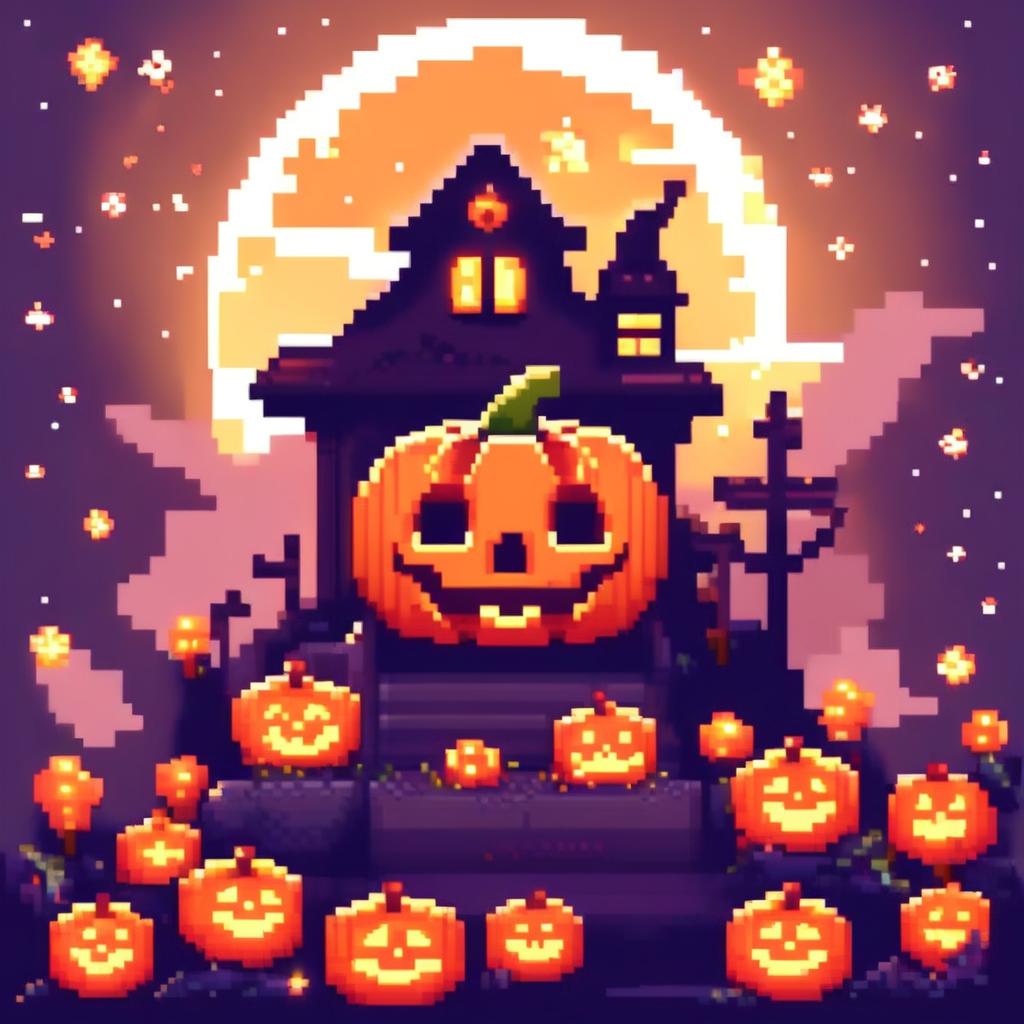 Pixel art PFP of a Halloween scene featuring a glowing carved pumpkin against a starry night sky.