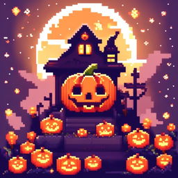 Pixel art PFP of a Halloween scene featuring a glowing carved pumpkin against a starry night sky.