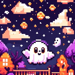 Pixel art PFP of a Halloween scene featuring a cute ghost floating against a starry night sky.