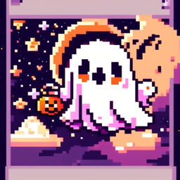 Pixel art PFP of a Halloween scene featuring a cute ghost floating against a starry night sky.