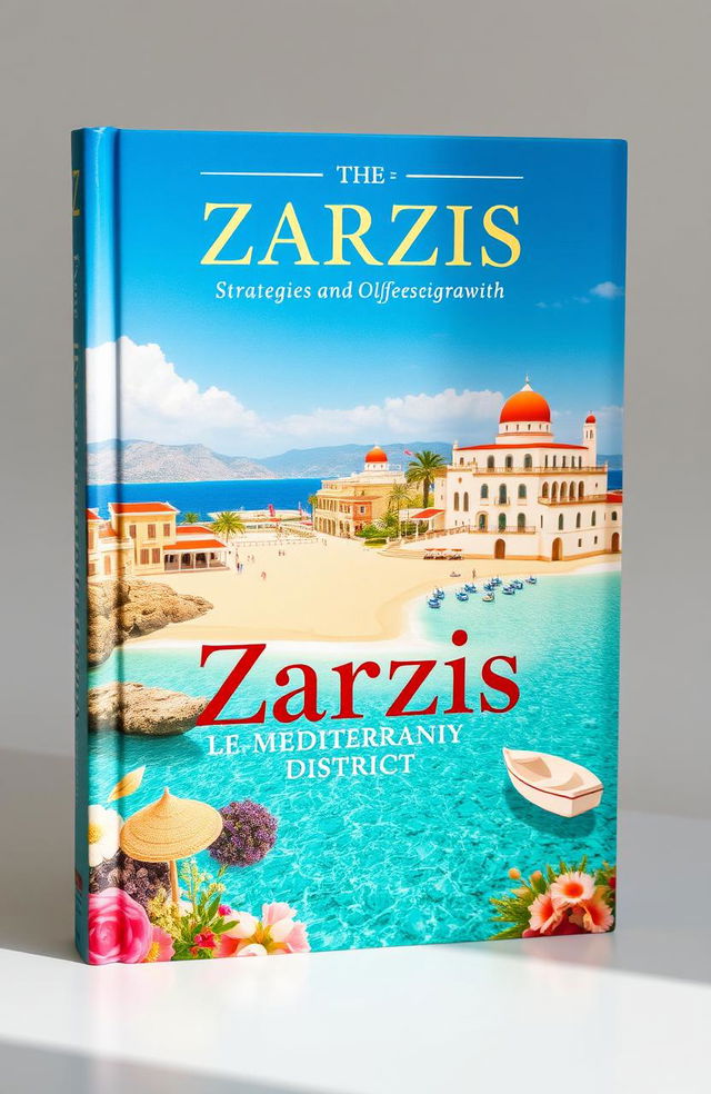 A beautiful and engaging book cover design for a book about the Zarzis district, featuring iconic landmarks of Zarzis, such as the picturesque coastline with sandy beaches and crystal-clear waters, traditional architecture, and local flora