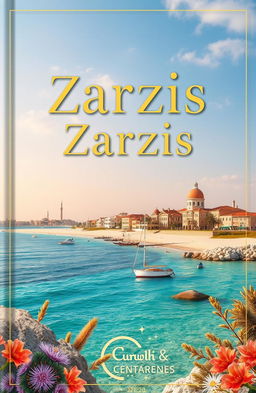 A beautiful and engaging book cover design for a book about the Zarzis district, featuring iconic landmarks of Zarzis, such as the picturesque coastline with sandy beaches and crystal-clear waters, traditional architecture, and local flora