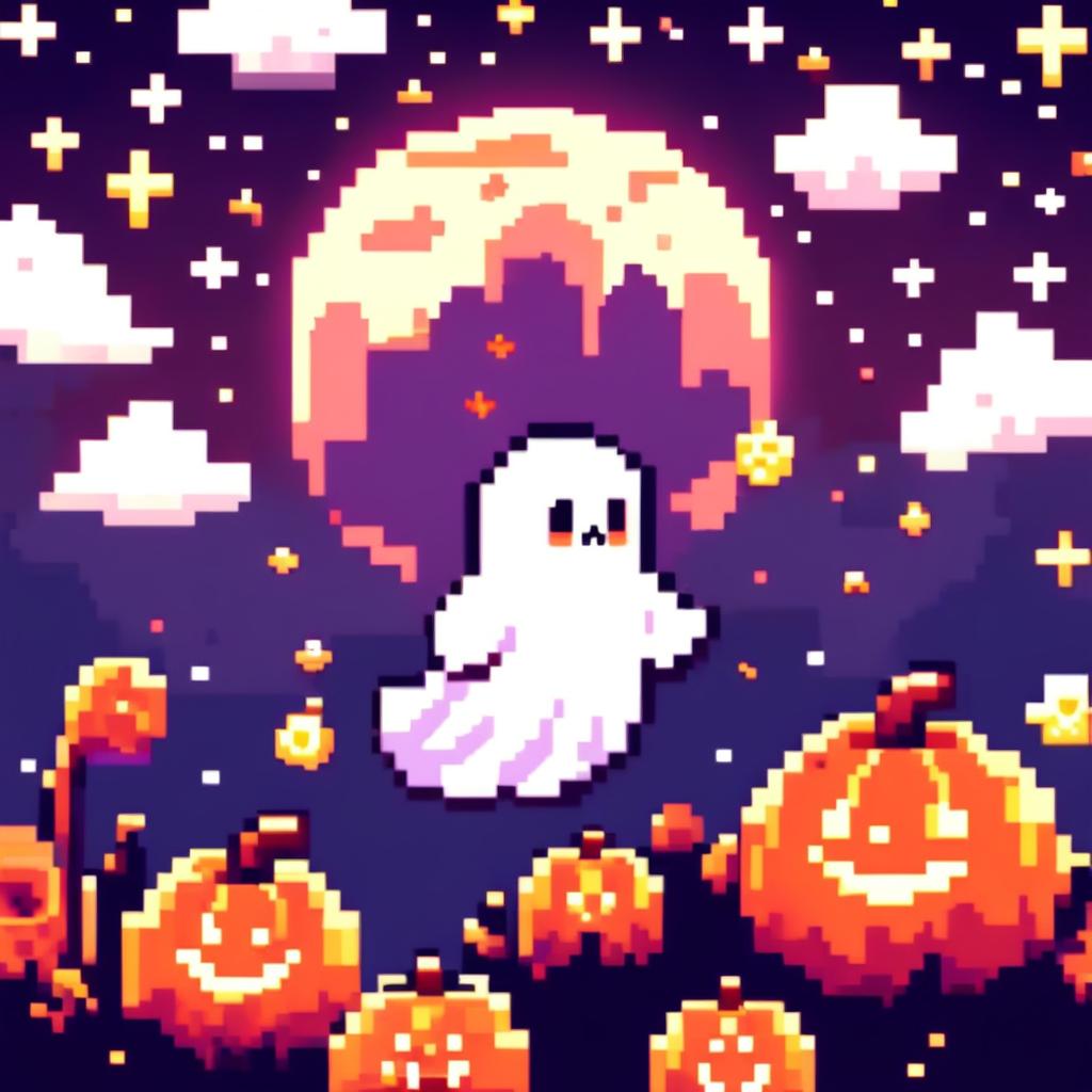 Pixel art PFP of a Halloween scene featuring a cute ghost floating against a starry night sky.