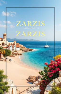 A beautiful and engaging book cover design for a book about the Zarzis district, featuring iconic landmarks of Zarzis, such as the picturesque coastline with sandy beaches and crystal-clear waters, traditional architecture, and local flora