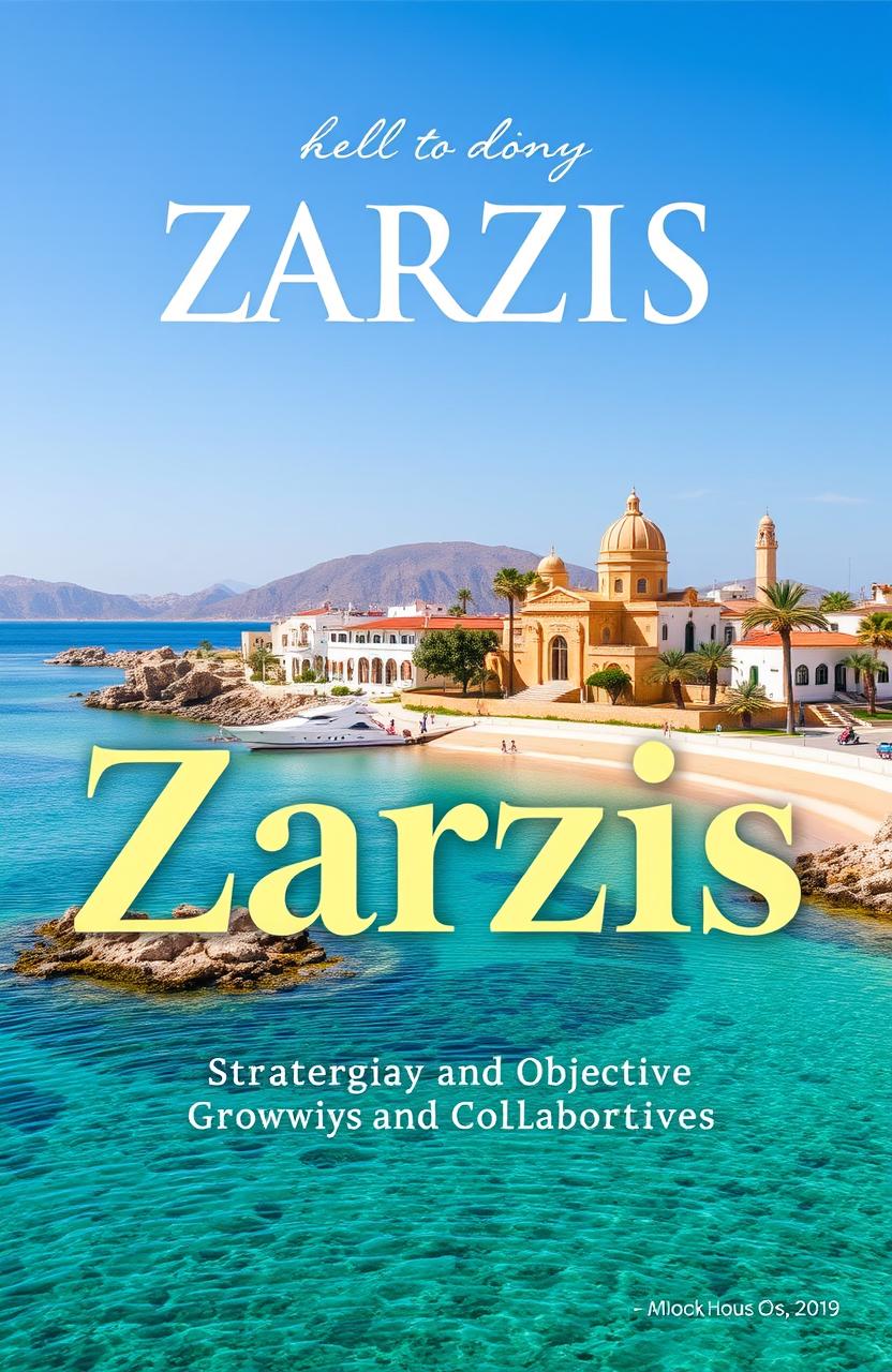 A beautiful and engaging book cover design for a book about the Zarzis district, featuring iconic landmarks of Zarzis, such as the picturesque coastline with sandy beaches and crystal-clear waters, traditional architecture, and local flora