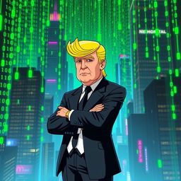 A futuristic, cyberpunk scene depicting a digital landscape resembling a matrix filled with floating green binary code