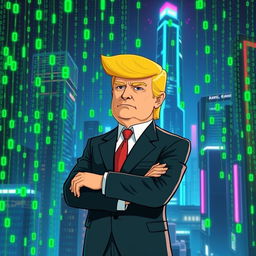 A futuristic, cyberpunk scene depicting a digital landscape resembling a matrix filled with floating green binary code