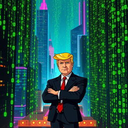 A futuristic, cyberpunk scene depicting a digital landscape resembling a matrix filled with floating green binary code