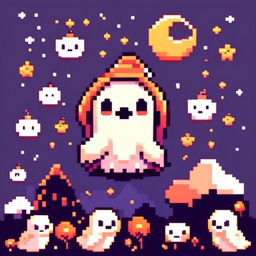 Pixel art PFP of a Halloween scene featuring a cute ghost floating against a starry night sky.