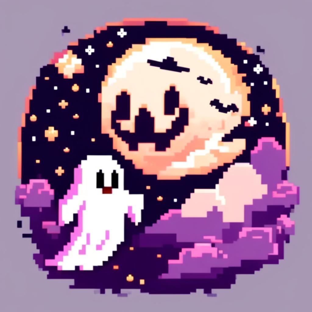 Pixel art PFP of a Halloween scene featuring a friendly ghost floating against a full moon in a starry night sky.