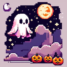 Pixel art PFP of a Halloween scene featuring a friendly ghost floating against a full moon in a starry night sky.