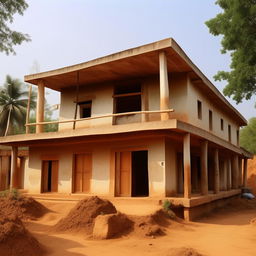 A simple, 47 feet by 30 feet village house with 6 rooms, a latrine bathroom, staircase, and kitchen. The house should not have modern design aesthetics.