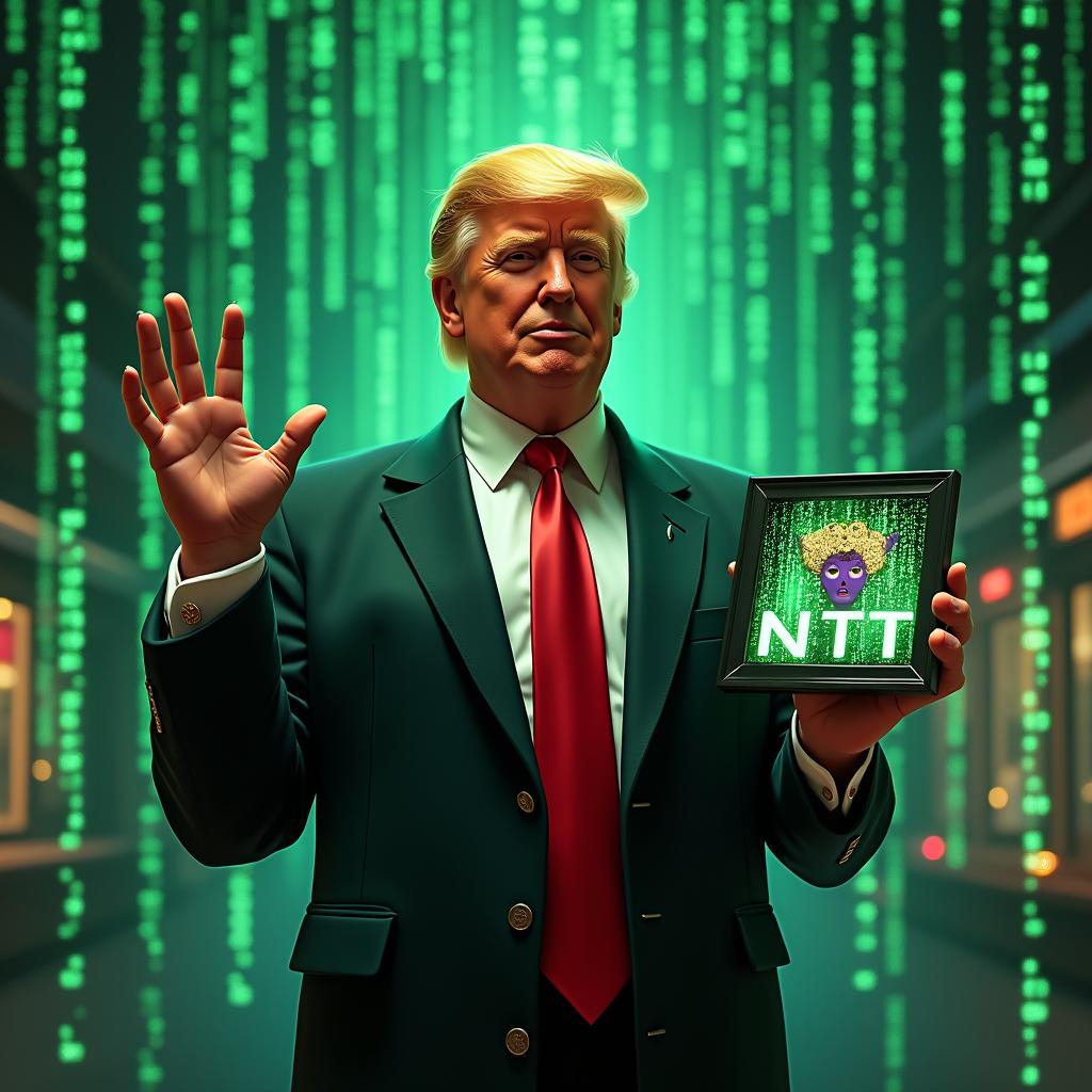 A digital artwork featuring a character resembling a stylized version of Donald Trump, integrated into a vibrant, futuristic matrix-like world