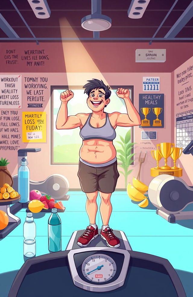 An inspiring illustration depicting a person in the midst of a weight loss journey, showing a blend of determination and joy