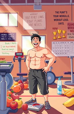 An inspiring illustration depicting a person in the midst of a weight loss journey, showing a blend of determination and joy