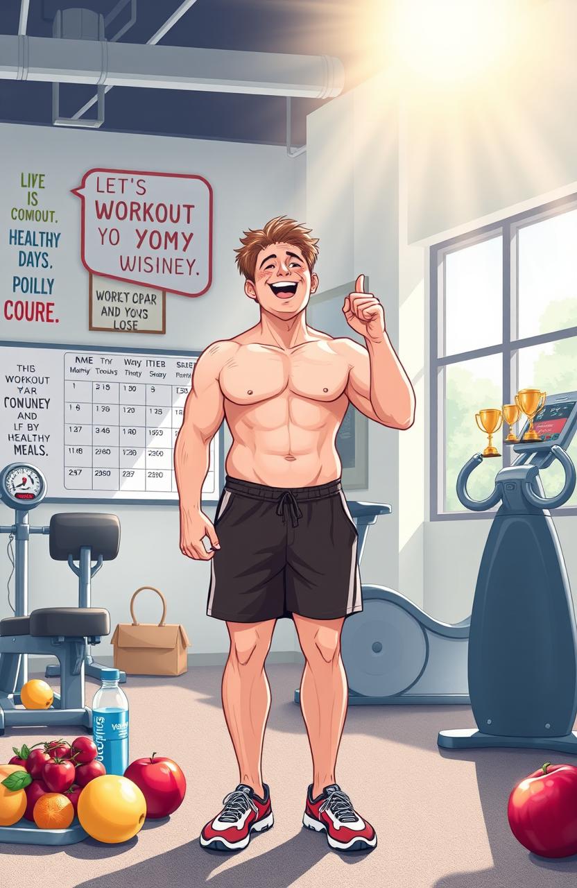 An inspiring illustration depicting a person in the midst of a weight loss journey, showing a blend of determination and joy