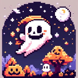 Pixel art PFP of a Halloween scene featuring a friendly ghost floating against a full moon in a starry night sky.