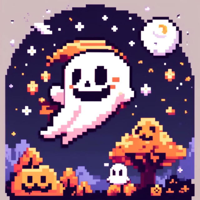 Pixel art PFP of a Halloween scene featuring a friendly ghost floating against a full moon in a starry night sky.