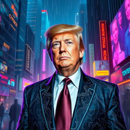 A cyberpunk interpretation of a political figure resembling Donald Trump, depicted in a futuristic city matrix setting