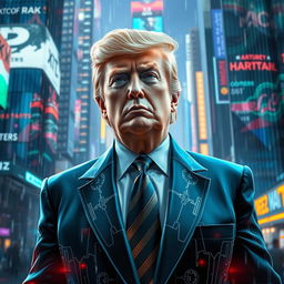 A cyberpunk interpretation of a political figure resembling Donald Trump, depicted in a futuristic city matrix setting