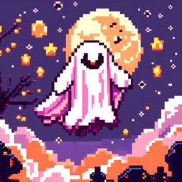 Pixel art PFP of a Halloween scene featuring a friendly ghost floating against a full moon in a starry night sky.