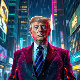 A cyberpunk interpretation of a political figure resembling Donald Trump, depicted in a futuristic city matrix setting