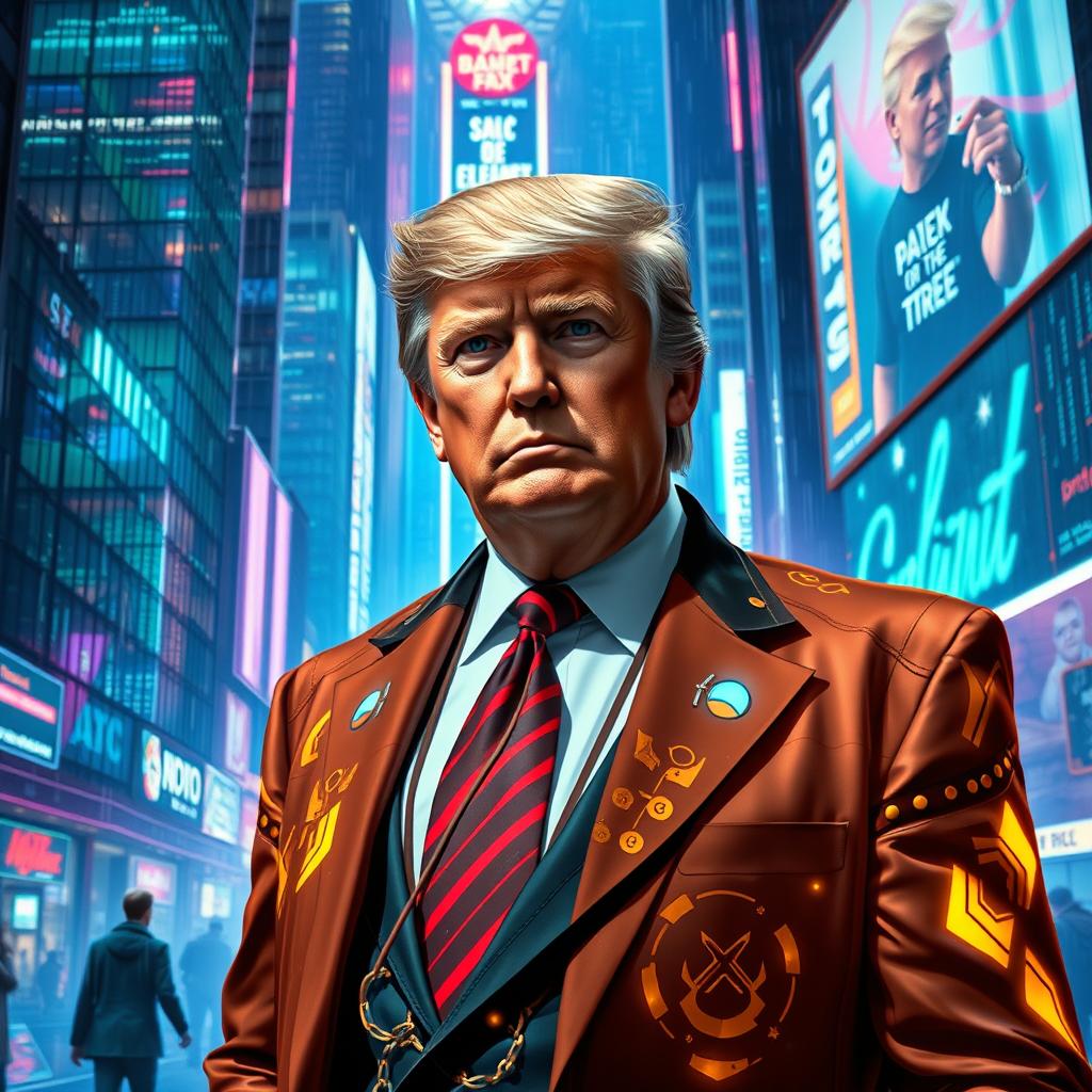 A cyberpunk interpretation of a political figure resembling Donald Trump, depicted in a futuristic city matrix setting