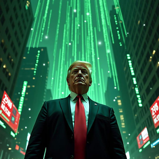 A surreal interpretation of Donald Trump as a character in a Matrix-like environment, featuring neon green digital rain cascading down from the top, and a backdrop of towering futuristic skyscrapers