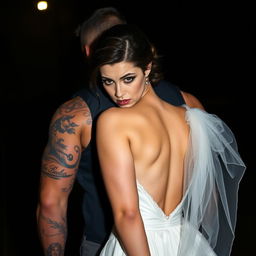 A scared brunette bride is depicted hiding behind a muscular tattooed man, showcasing a contrast between her delicate appearance and his strong physique