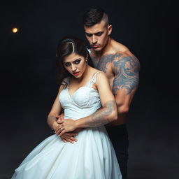 A scared brunette bride is depicted hiding behind a muscular tattooed man, showcasing a contrast between her delicate appearance and his strong physique