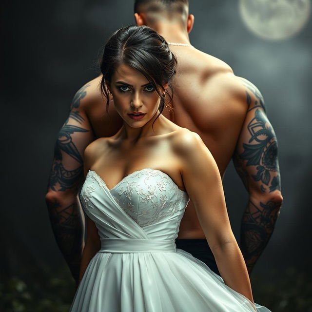 A scared brunette bride is depicted hiding behind a muscular tattooed man, showcasing a contrast between her delicate appearance and his strong physique