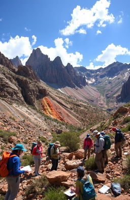 A breathtaking geological exploration scene depicting a rugged mountain landscape filled with colorful rock formations, mineral deposits, and lush vegetation