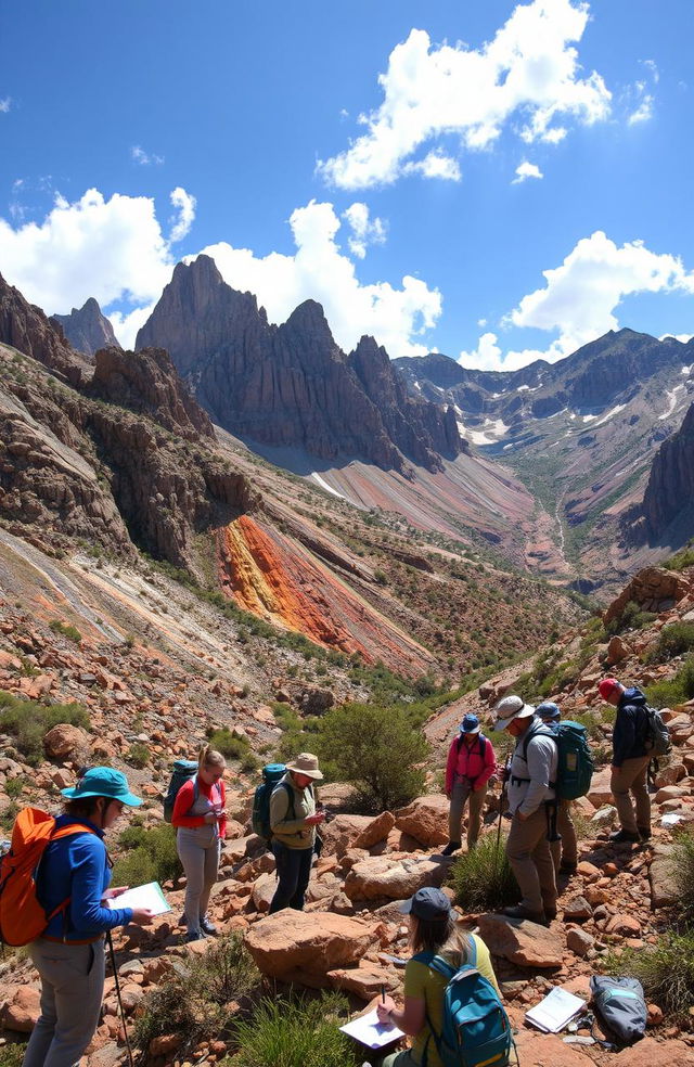 A breathtaking geological exploration scene depicting a rugged mountain landscape filled with colorful rock formations, mineral deposits, and lush vegetation