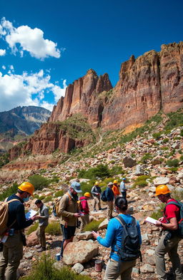 A breathtaking geological exploration scene depicting a rugged mountain landscape filled with colorful rock formations, mineral deposits, and lush vegetation