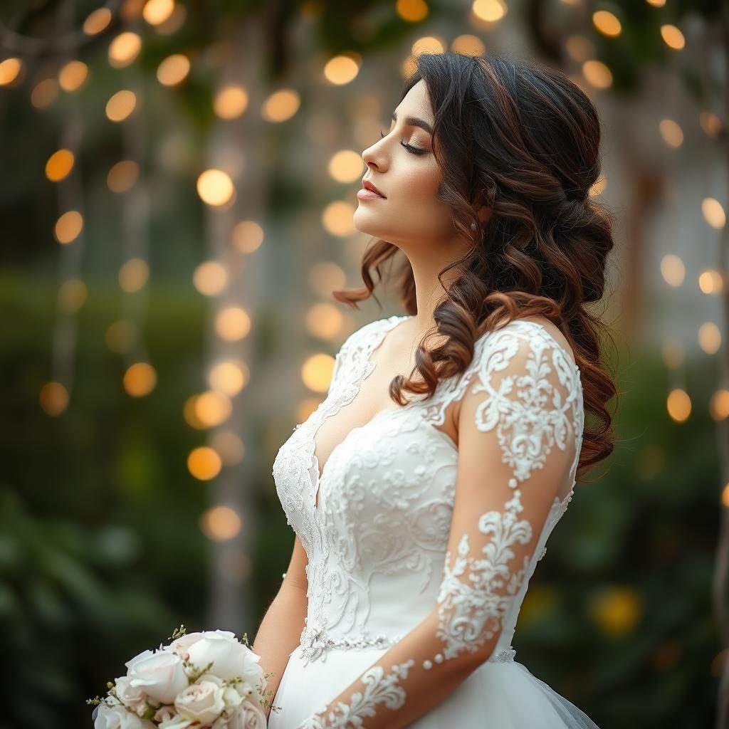 A brunette bride with her eyes closed, lost in a moment of wishing and longing