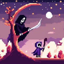 Pixel art PFP of a Halloween scene featuring a grim reaper holding a scythe against a full moon in a starry night sky.