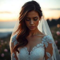 A sad brunette bride with her eyes closed, embodying a sense of longing and wistfulness