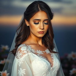 A sad brunette bride with her eyes closed, embodying a sense of longing and wistfulness