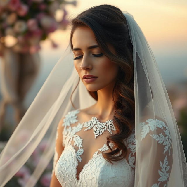 A sad brunette bride with her eyes closed, embodying a sense of longing and wistfulness