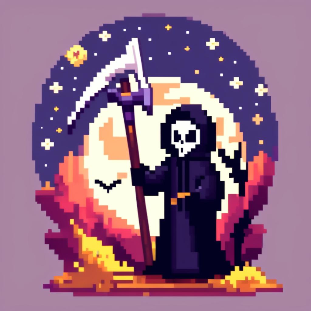 Pixel art PFP of a Halloween scene featuring a grim reaper holding a scythe against a full moon in a starry night sky.